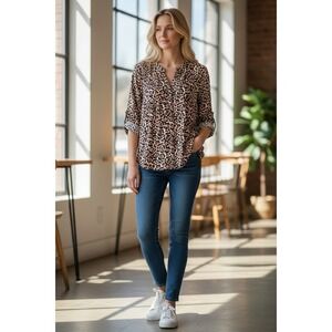 NY Collection Leopard Print‎ Roll Tab Sleeve Henley Blouse ITB2147 Brown Large